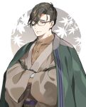  1boy bangs bishounen brown_eyes brown_hair brown_kimono fate/grand_order fate_(series) glasses hands_in_opposite_sleeves haori highres japanese_clothes kimono looking_at_viewer male_focus saitou_hajime_(fate) short_hair smile solo swept_bangs upper_body yamanami_keisuke_(fate) 