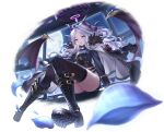  1girl armband black_legwear blue_archive boots commentary_request full_moon hina_(blue_archive) horns looking_at_viewer mechanical_halo military military_uniform moon night silver_hair sitting solo tazaki_hayato thigh-highs thighs uniform violet_eyes 