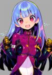  1girl :d bangs blue_hair blush bodysuit breasts clenched_hands cropped_jacket gloves grey_background jacket kula_diamond large_breasts long_hair looking_at_viewer multicolored multicolored_bodysuit multicolored_clothes open_mouth red_eyes shunin simple_background smile solo the_king_of_fighters upper_body zipper 