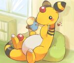  ampharos artist_name black_eyes blush bookshelf character_doll closed_mouth commentary_request cushion doll gen_2_pokemon hand_up heart holding holding_doll indoors mareep pokemon smile tansho 