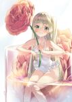  1girl absurdres bangs bare_arms bare_legs bare_shoulders blonde_hair blush closed_mouth collarbone english_commentary eyebrows_visible_through_hair feet_out_of_frame flower flower_request green_eyes highres holding holding_flower kimyo long_hair looking_at_viewer minigirl one-piece_swimsuit original sitting smile solo swimsuit water white_swimsuit 