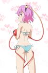  1girl ass bare_shoulders bikini black_hairband blue_bikini butt_crack cato_(monocatienus) commentary_request from_behind hairband heart highres komeiji_satori looking_back pink_hair short_hair shoulder_blades side-tie_bikini simple_background smile solo swimsuit third_eye touhou violet_eyes white_background 