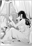  2girls animal_ears bare_shoulders bed black_hair cat_ears cat_tail closed_eyes curtains dress greyscale highres indoors kiss long_hair monochrome multiple_girls original sitting tail window yuri zanka_(the-only-neat) 