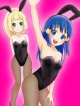  animal_ears armpits artist_request blonde_hair blue_eyes blue_hair hikari_(pokemon) fishnets green_eyes highres lillie_(pokemon) long_hair pink_background playboy_bunny pokemon rabbit_ears sidelocks smile 