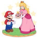1boy 1girl blonde_hair blue_eyes brown_hair cake crown dress earrings facial_hair fingers_together food gloves highres jewelry jivke long_dress long_hair looking_at_another mar10 mar10th mario mustache nintendo open_mouth overalls pink_dress princess_peach simple_background star_(symbol) starman_(mario) super_mario_bros. surprised white_background white_gloves wide-eyed