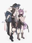 1boy 1girl arknights blue_hair boots chinese_clothes coat demon_girl demon_horns glasses hat highres horns lava_(arknights) lava_the_purgatory_(arknights) looking_at_another mr._nothing_(arknights) multicolored_hair pants purgatory_(arknights) purple_hair short_hair skirt thurim6 torn_clothes torn_skirt
