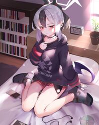  1girl arm_support arm_up bangs bare_legs bed bedroom between_legs black_footwear black_hair blue_archive blush book bookshelf cd cellphone choker clock clothes_writing collarbone commentary earphones earphones hair_between_eyes highres hood hood_down hoodie horns indoors kayoko_(blue_archive) long_hair long_sleeves looking_at_viewer miniskirt mole mole_on_neck multicolored_hair nose_(oekaki1825) phone piercing plaid plaid_skirt plant ponytail potted_plant red_eyes red_skirt rug shelf shirt_grab shoes sitting skirt smartphone solo sunlight thighs two-tone_hair wariza white_hair window wooden_floor 