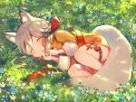  1girl animal_ears bare_legs bell closed_eyes fetal_position field flower flower_field fox_ears fox_tail full_body grass jingle_bell light_brown_hair looking_at_viewer lying marekamico on_side original pouch sleeping tail thigh_strap 