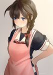  1girl ahoge apron bangs black_serafuku blue_eyes braid brown_hair chagen_kokimu gradient gradient_background hair_flaps hair_ornament hair_ribbon highres kantai_collection long_hair pink_apron red_neckwear remodel_(kantai_collection) ribbon sailor_collar school_uniform serafuku shigure_(kancolle) short_sleeves signature simple_background single_braid skirt smile solo 