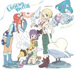  1boy 2girls azelf bandaid beedrill blonde_hair blue_footwear blue_gloves blue_shorts blush boots brown_footwear bugsy_(pokemon) closed_eyes commentary_request crop_top dated drinking drinking_straw gen_1_pokemon gen_3_pokemon gen_4_pokemon gen_5_pokemon gloves green_eyes green_pants green_shirt green_shorts green_wristband gym_leader hair_ornament holding holding_pokemon holster leaning_forward legendary_pokemon masquerain multiple_girls nibo_(att_130) open_mouth pants pokemon pokemon_(creature) pokemon_(game) pokemon_bw pokemon_xy purple_hair redhead shiny shiny_hair shirt shoes short_hair short_hair_with_long_locks short_shorts shorts sidelocks skyla_(pokemon) sleeveless sleeveless_shirt smile standing swanna teeth thigh_holster tongue translation_request viola_(pokemon) violet_eyes white_shirt wristband 