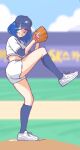  1girl baseball baseball_cap baseball_mitt baseball_uniform blue_hair blue_headwear blue_legwear crop_top eyebrows_visible_through_hair hat hcnone highres knee_up kneehighs long_sleeves looking_at_viewer original parted_lips pink_eyes pixel_art shoes short_hair skye_(hcnone) smile sneakers solo sportswear teeth white_footwear 