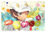  1boy aether_foundation_employee blush brown_hair comfey flower gen_7_pokemon gloves grey_eyes hand_up hat komurapk male_focus one_eye_closed parted_lips petals pokemon pokemon_(creature) pokemon_(game) pokemon_sm short_hair smile turtleneck white_gloves white_headwear 