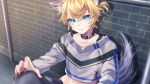  1boy alternate_costume animal_ears belt_collar black_nails blonde_hair blue_eyes brick_wall choker closed_mouth collar collarbone commentary fingernails from_above hair_between_eyes head_tilt highres kagamine_len long_fingernails long_sleeves looking_at_viewer midriff nail_polish navel pants reflective_floor solo soramame_pikuto tail tsurime vocaloid wolf_ears wolf_tail 