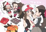  2girls antenna_hair baseball_cap blush_stickers boots brown_hair character_print commentary_request darumaka dirty dirty_face dress eye_contact gen_5_pokemon grey_dress hair_ribbon handkerchief hands_up hat hilda_(pokemon) holding long_hair looking_at_another multiple_girls nibo_(att_130) pantyhose pignite pokemon pokemon_(creature) pokemon_(game) pokemon_bw pokemon_oras ribbon roxanne_(pokemon) shirt short_sleeves shorts sidelocks translation_request twintails vest white_shirt wiping_face wristband 