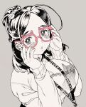  1girl :o alternate_costume bangs black_hair blush breasts cat_hair_ornament copyright_name glasses greyscale hair_behind_ear hair_ornament highres lanyard large_breasts looking_up mole_above_eye monochrome original parted_bangs poch4n solo spot_color sweater timid_office_lady_(poch4n) 