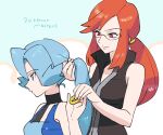  2girls adjusting_hair bangs bare_arms black_choker blue_eyes blue_hair bodysuit choker clair_(pokemon) closed_mouth commentary_request copyright_name eyelashes glasses hair_tie holding long_hair lorelei_(pokemon) multiple_girls nibo_(att_130) orange_hair pokemon pokemon_(game) pokemon_frlg pokemon_hgss pokemon_masters_ex ponytail popped_collar sidelocks smile tied_hair 