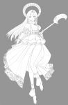  1girl barefoot breasts closed_mouth dress feet highres iseria_queen long_hair looking_at_viewer monochrome murata_tefu simple_background sleeveless solo staff star_ocean weapon wings 