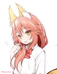  1girl animal_ear_fluff animal_ears bangs brown_eyes collared_shirt commentary_request dress_shirt eyebrows_visible_through_hair fang fate/extra fate_(series) flying_sweatdrops fox_ears fox_girl fox_tail hair_between_eyes hair_over_shoulder hand_up haryuu_(poetto) highres long_hair parted_lips redhead shirt simple_background solo tail tamamo_(fate)_(all) tamamo_no_mae_(fate) twitter_username upper_body white_background white_shirt 
