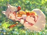  1girl animal_ears bare_legs bell expressionless fetal_position field flower flower_field fox_ears fox_tail full_body grass jingle_bell light_brown_hair looking_at_viewer lying marekamico on_side original pouch red_eyes tail thigh_strap 
