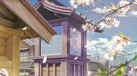  absurdres architecture blue_sky blurry blurry_foreground building cherry_blossoms clock clouds commentary_request east_asian_architecture flower highres kamo_nasus. lamppost leaf no_humans original outdoors petals railing scenery sky spring_(season) tree_branch utility_pole 