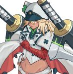  12_(artist) 1girl absurdres blonde_hair cape clover dark_skin dark-skinned_female four-leaf_clover guilty_gear guilty_gear_strive hat highres ramlethal_valentine sword weapon white_cape white_headwear yellow_eyes 