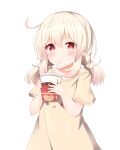  1girl bangs bare_shoulders blush brown_dress cup dress drinking drinking_straw eyebrows_visible_through_hair genshin_impact hair_between_eyes holding holding_cup klee_(genshin_impact) long_hair low_twintails off_shoulder pointy_ears red_eyes short_sleeves sidelocks simple_background solo tutsucha_illust twintails white_background 