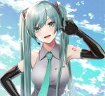  1girl :d aqua_eyes aqua_hair arm_up armpits bare_shoulders black_gloves breasts collared_shirt commentary earphones elbow_gloves gloves grey_shirt hair_ornament hand_on_hip hatsune_miku highres ironatsuki long_hair looking_at_viewer medium_breasts necktie open_mouth shirt shoulder_tattoo sky sleeveless sleeveless_shirt smile solo tattoo twintails upper_body vocaloid 