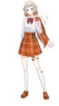  1girl blue_eyes bow bowtie cevio expressionless full_body gradient_hair hair_flaps highres holding holding_clothes holding_jacket jacket kneehighs long_sleeves looking_at_viewer miniskirt multicolored_hair official_art one_(cevio) orange_footwear orange_hair orange_skirt over_shoulder plaid plaid_skirt platinum_blonde_hair red_neckwear shirt shizu_(9394marimo) short_hair skirt solo standing thigh_tattoo white_background white_legwear white_shirt 