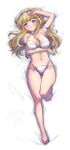  1girl 2021 artist_name bare_arms bare_legs bare_shoulders barefoot bikini blonde_hair blue_eyes blush breasts commission dakimakura_(medium) dated fletcher_(kancolle) full_body highres ittokyu kantai_collection large_breasts long_hair navel parted_lips side_bun signature simple_background solo swimsuit white_background white_bikini 