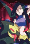  1girl black_hair crop_top dated devanohundosi frontier_brain gen_3_pokemon gloves long_hair lucy_(pokemon) midriff multicolored_hair pants parted_lips pokemon pokemon_(creature) pokemon_(game) pokemon_emerald pokemon_rse purple_gloves red_eyes redhead seviper smile translation_request two-tone_hair 