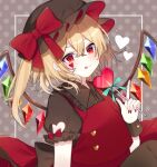  +_+ 1girl :p alternate_costume bangs black_headwear blonde_hair blush bow breasts brown_dress buttons candy clothing_cutout crossed_bangs crystal dress eyebrows_behind_hair facial_mark fingernails flandre_scarlet food frilled_shirt_collar frills grey_background hair_between_eyes hand_up hat hat_bow heart_cutout highres holding holding_candy holding_food holding_lollipop index_finger_raised lollipop long_fingernails long_hair mob_cap nail_polish one_side_up polka_dot polka_dot_background puffy_short_sleeves puffy_sleeves red_bow red_eyes red_nails red_vest short_hair short_sleeves simple_background small_breasts solo tongue tongue_out touhou vest wings wrist_cuffs yurui_tuhu 