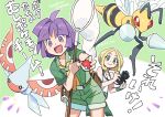  1boy 1girl :d beedrill belt blonde_hair blush_stickers bugsy_(pokemon) camera closed_mouth collared_shirt commentary_request devanohundosi gen_1_pokemon gen_3_pokemon green_eyes green_pants green_shirt green_shorts gym_leader holding holding_butterfly_net holding_camera holding_poke_ball masquerain open_mouth pants poke_ball poke_ball_(basic) pokemon pokemon_(creature) pokemon_(game) pokemon_hgss pokemon_masters_ex pokemon_xy purple_hair shirt short_hair shorts sleeveless sleeveless_shirt smile tongue translation_request viola_(pokemon) violet_eyes white_shirt 