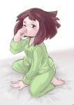  1girl bangs barefoot bed_sheet blush blush_stickers bob_cut boku_no_hero_academia brown_eyes brown_hair clenched_hand covered_mouth green_pants green_shirt highres long_sleeves messy_hair one_eye_closed pajamas pants rubbing_eyes shirt short_hair sidelocks simple_background sitting solo uraraka_ochako white_background 