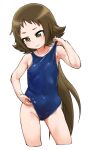  1girl blue_swimsuit brown_eyes brown_hair calpara covered_navel cowboy_shot facing_viewer flat_chest highres loli long_hair looking_down mikakunin_de_shinkoukei mitsumine_mashiro ponytail school_swimsuit simple_background solo swimsuit swimsuit_pull white_background 