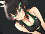  1girl black_background black_bra black_hair black_pants black_sports_bra bra breasts green_eyes hair_ornament hairclip looking_at_viewer open_mouth original pants ponytail sidelocks sports_bra sweat sweatdrop sweating_profusely talte01 underwear yoga_pants 