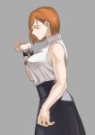  1girl aoinekonome breasts brown_eyes from_side hair_behind_ear hammer high-waist_skirt jujutsu_kaisen kugisaki_nobara orange_hair partially_undressed school_uniform shirt short_hair skirt sleeveless sleeveless_shirt solo toned 