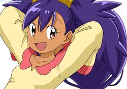  1girl :d arms_behind_head artist_name bangs big_hair brown_eyes collarbone commentary_request dark_skin dark-skinned_female dated eyebrows_visible_through_hair eyelashes hair_between_eyes iris_(pokemon) kibisakura2 long_hair open_mouth pokemon pokemon_(anime) pokemon_bw_(anime) purple_hair shirt simple_background smile solo tongue upper_body white_background 