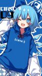  (9) 1girl alternate_costume bangs blue_background blue_bow blue_eyes blue_hair blue_hoodie blue_legwear bow character_name checkered checkered_legwear cirno clothes_writing contemporary diamond-shaped_pupils diamond_(shape) eyebrows_visible_through_hair hair_bow heart highres hood hoodie ice ice_wings kyouda_suzuka long_sleeves looking_at_viewer multicolored multicolored_clothes multicolored_legwear one_eye_closed open_mouth red_ribbon ribbon short_hair simple_background smile solo standing sweater symbol-shaped_pupils touhou twitter_username white_legwear white_sweater wide_sleeves wings 