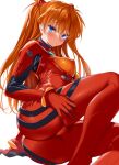  1girl arm_support ass blue_eyes blush breasts cle_masahiro commentary_request hair_between_eyes highres long_hair looking_at_viewer medium_breasts neon_genesis_evangelion orange_hair plugsuit revision simple_background sitting solo souryuu_asuka_langley white_background 