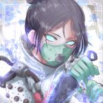  1girl absurdres apex_legends bangs black_hair blue_eyes blue_flower bodysuit cable flower gloves glowing glowing_eyes green_mask hair_behind_ear hair_bun highres holding holding_knife kagamitsuka knife kunai looking_to_the_side mask mouth_mask parted_bangs solo upper_body weapon wraith_(apex_legends) 