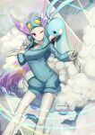  1girl altaria artist_name blush breasts closed_mouth commentary_request eyelashes gen_3_pokemon gloves gym_leader helmet highres knees long_hair one_eye_closed pokemon pokemon_(creature) pokemon_(game) pokemon_oras purple_hair shiny shiny_hair smile violet_eyes white_gloves winona_(pokemon) yamanashi_taiki 