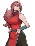  1girl alternate_costume alternate_hairstyle android_21 blue_eyes breasts chinese_clothes dragon_ball dragon_ball_fighterz earrings glasses hair_between_eyes hoop_earrings jewelry kemachiku large_breasts looking_to_the_side ponytail redhead simple_background solo white_background 