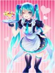  1055 1girl ;d alternate_costume apron black_legwear black_shirt black_skirt blue_eyes blue_hair blue_nails blue_neckwear enmaided floating_hair frilled_sleeves frills hand_on_hip hatsune_miku headset highres holding holding_plate leaning_forward long_hair maid maid_headdress microphone miniskirt nail_polish necktie one_eye_closed open_mouth pink_background plate pleated_skirt shiny shiny_hair shirt short_sleeves skirt smile solo standing striped striped_background thigh-highs twintails very_long_hair vocaloid white_apron wrist_cuffs zettai_ryouiki 