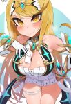  1girl bangs bare_legs bare_shoulders blonde_hair breasts chest_jewel cleavage_cutout clothing_cutout dress earrings elbow_gloves gloves highres jewelry jtveemo large_breasts letter long_hair mythra_(xenoblade) short_dress super_smash_bros. swept_bangs thigh_strap tiara very_long_hair white_dress white_gloves xenoblade_2 xenoblade_chronicles_(series) xenoblade_chronicles_2 yellow_eyes 