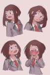  1girl :d :o bangs blush blush_stickers bob_cut boku_no_hero_academia brown_eyes brown_hair flustered hands_on_own_cheeks hands_on_own_face highres long_sleeves looking_away looking_down looking_to_the_side looking_up multiple_views open_mouth red_neckwear school_uniform shirt short_hair sidelocks simple_background smile u.a._school_uniform upper_body uraraka_ochako white_shirt yvrm8388 
