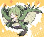  1girl ;d ahoge bangs black_bow black_legwear bow breasts brown_dress brown_wings chibi collarbone commentary_request dragon_girl dragon_horns dragon_tail dragon_wings dress eyebrows_visible_through_hair fang full_body green_hair hair_between_eyes halftone halftone_background horns large_breasts milkpanda monster_hunter one_eye_closed open_mouth orange_background personification ponytail rathian short_eyebrows smile solo tail thick_eyebrows thigh-highs wings yellow_eyes 