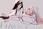  2girls aerith_gainsborough bangs black_hair blush brown_hair closed_eyes collarbone english_commentary facing_another final_fantasy final_fantasy_vii hair_down highres holding_hands instagram_username legs_up long_hair lying multiple_girls on_bed on_stomach open_mouth pillow pillow_hug smile takusifair the_pose tifa_lockhart twitter_username very_long_hair yuri 