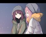  2girls ^_^ beanie closed_eyes embers hat kagamihara_nadeshiko long_hair multiple_girls outdoors pink_hair redhead scarf shiroshi_(denpa_eshidan) smile toki_ayano winter_clothes yellow_eyes yurucamp 