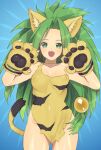  1girl absurdres animal_ears animal_print breasts cat_ears cat_tail cham_cham fang gloves green_eyes green_hair groin highres long_hair looking_at_viewer murata_tefu open_mouth paw_gloves paws samurai_spirits smile solo tail tiger_print 
