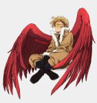  1boy artist_name black_footwear black_gloves black_shirt blonde_hair boku_no_hero_academia boots brown_jacket brown_pants closed_mouth commentary_request facial_hair facial_mark feathered_wings floating_hair full_body fur-trimmed_gloves fur-trimmed_jacket fur_trim gloves goggles grey_background hawks_(boku_no_hero_academia) headphones highres indian_style invisible_chair jacket light_smile long_sleeves male_focus pants popo_take red_wings shirt short_hair simple_background sitting solo stubble tinted_eyewear twitter_username wings yellow-tinted_eyewear yellow_eyes 